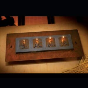 Custom zen oil lamp in laser cut steel, patina finish and sandblasted slate top