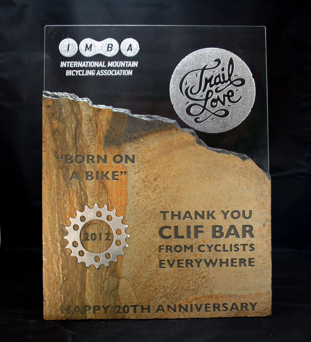 IMBA-Award Multi media - stone, glass steel laser etched laser cut and sandblasted