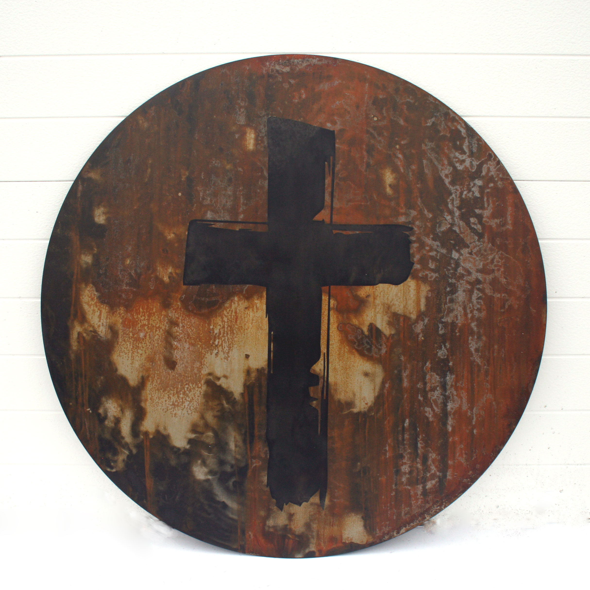 Large laser cut steel with patina cross art